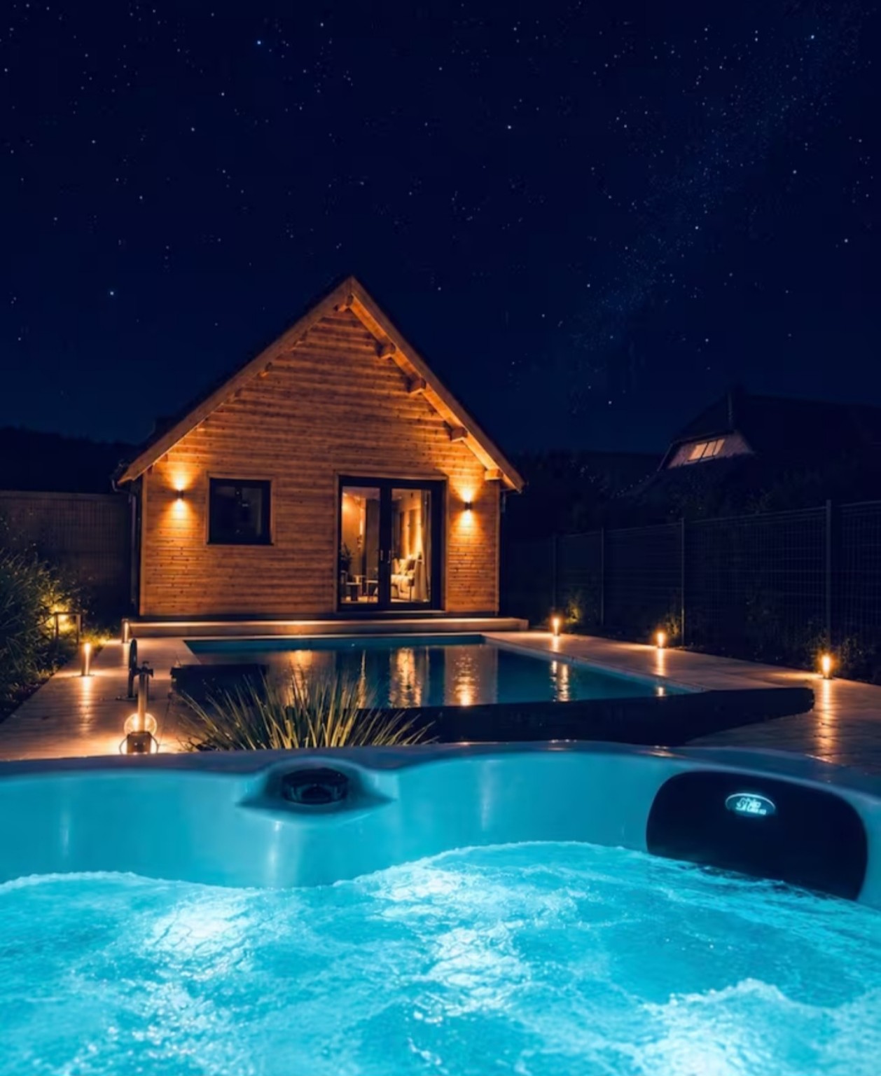 Vue nocturne du chalet L’Instant Suspendu et de son espace détente